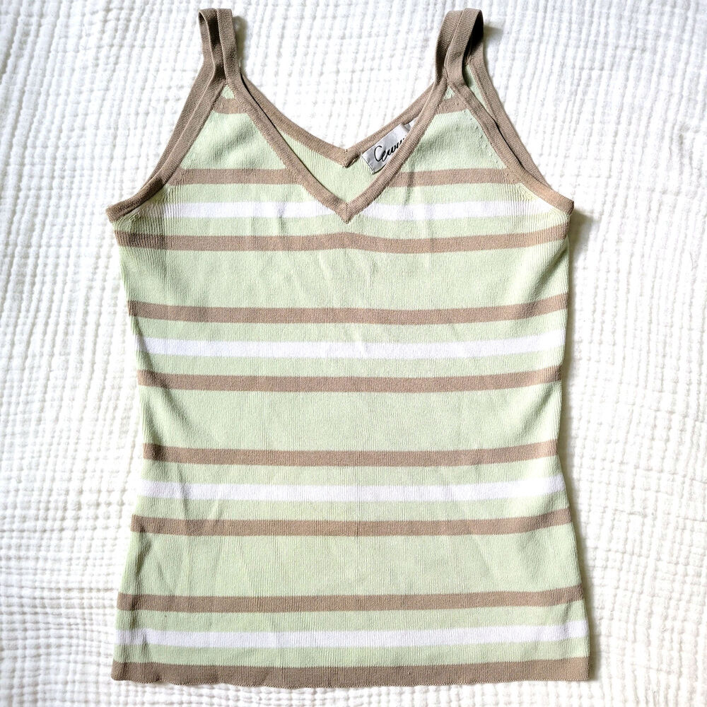 Vintage Mint Green Womens Small Tank Top Striped Minimalist Sleeveless Blouse